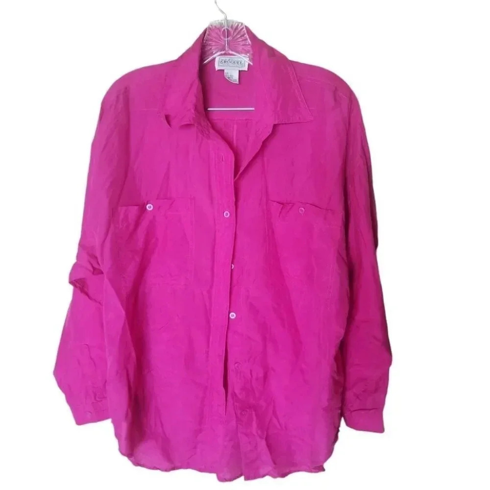 Vintage Croquet 100% Silk  Hot Pink Button Down Shirt L